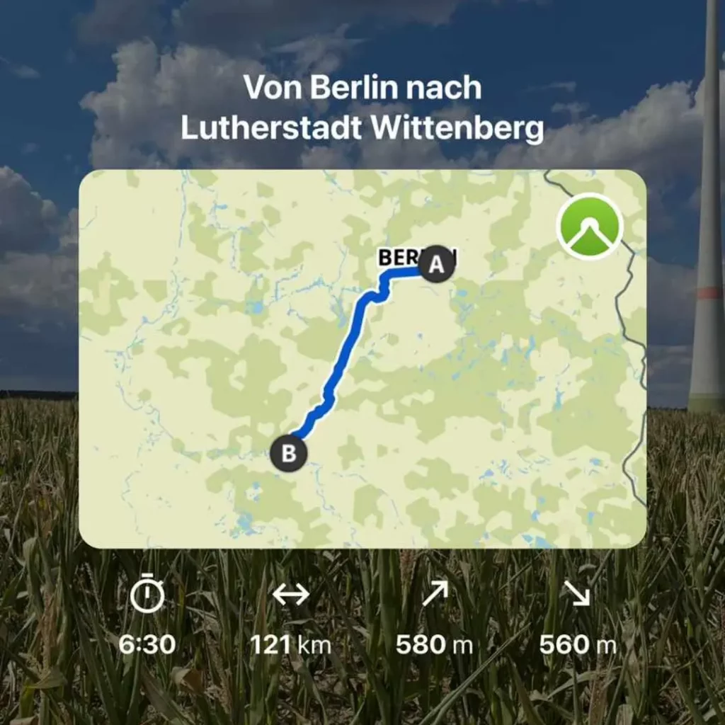 Route von Berlin nach Chemnitz. Etappe 1 Lutherstadt Wittenberge