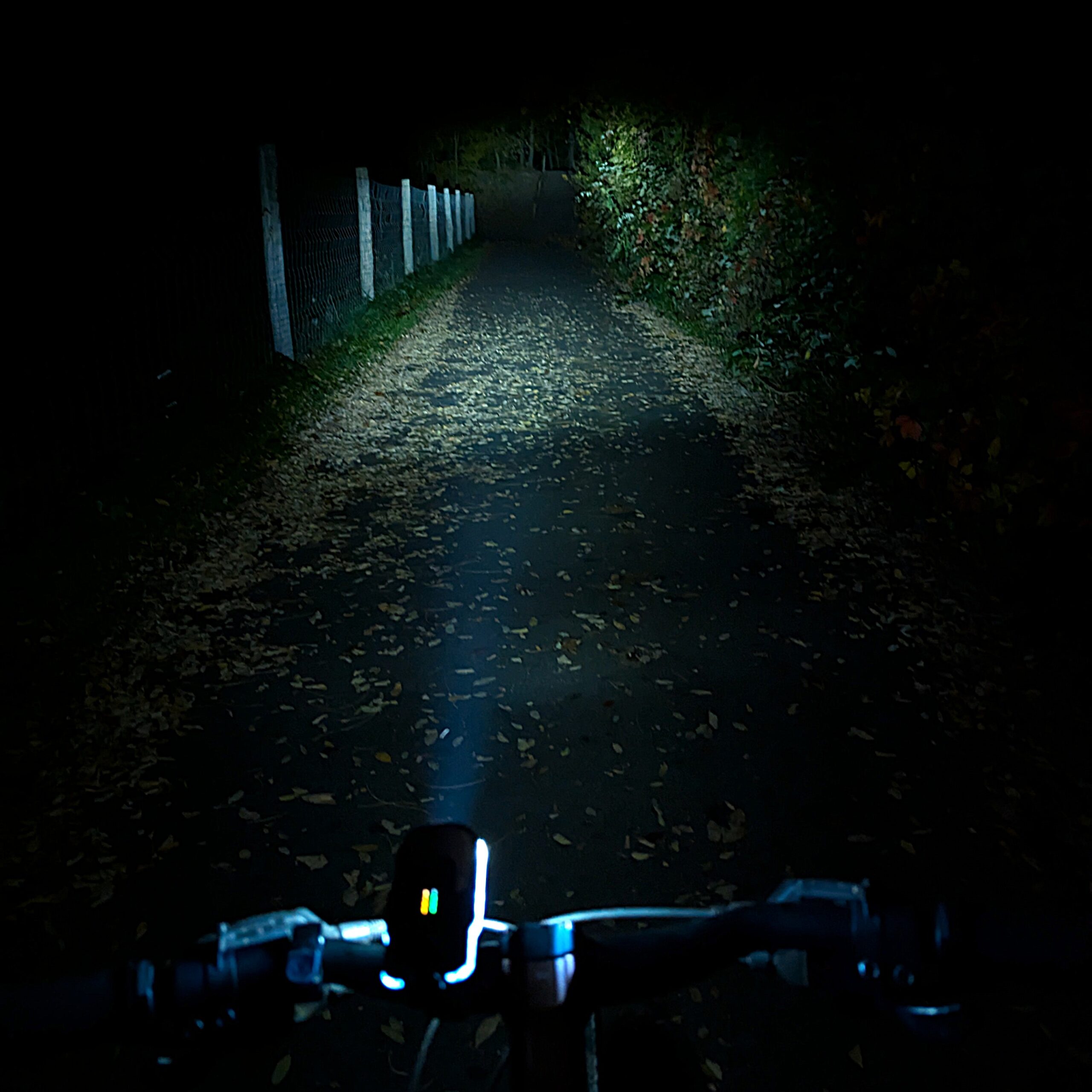 Herbsttour mit dem Fahrrad. Fahrradlicht im dunklen für mehr Sichtbarkeit.