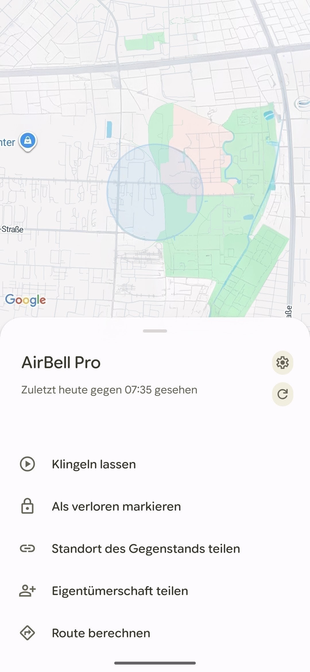 App Screenshot "Wo ist mein gerät" mit Menübar für AirBell Pro Ortung